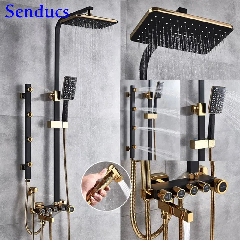 

Bathroom Shower System Senducs Black Gold Shower Mixer Set of Quality ABS Hand Shower Head Solid Brass Bathroom Shower Set