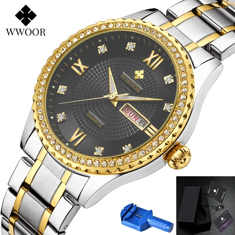 Мужские золотые часы со стразами мужские WWOOR 8856 из нержавеющей стали с