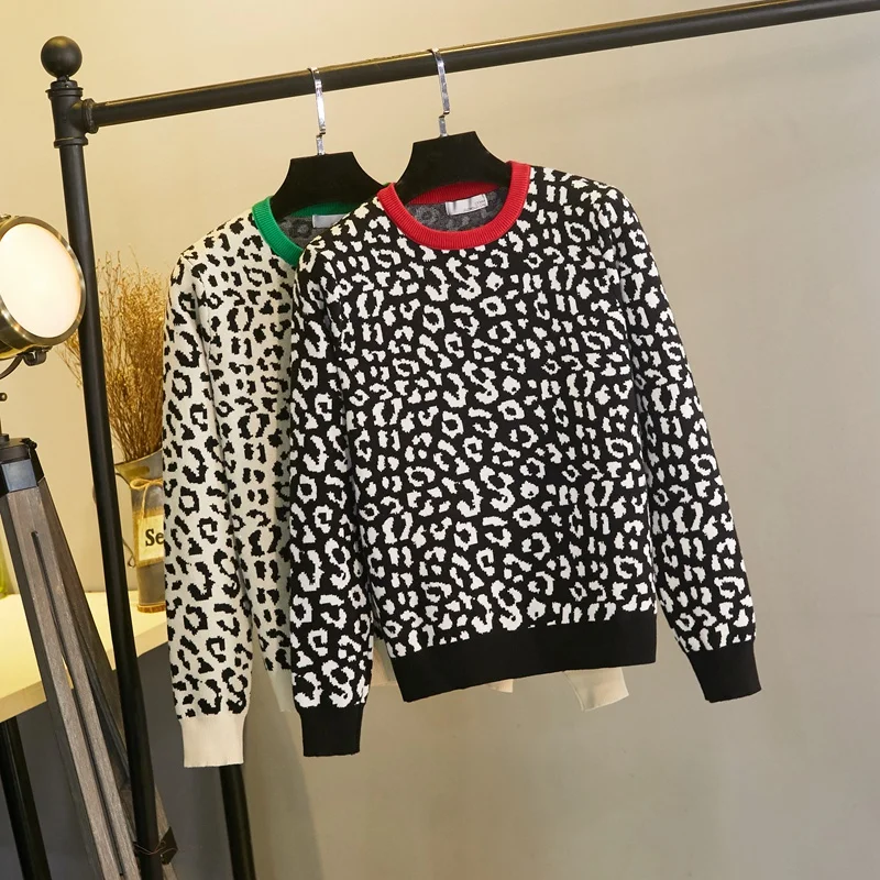 Женский жаккардовый свитер с леопардовым принтом свободный Мягкий трикотажный