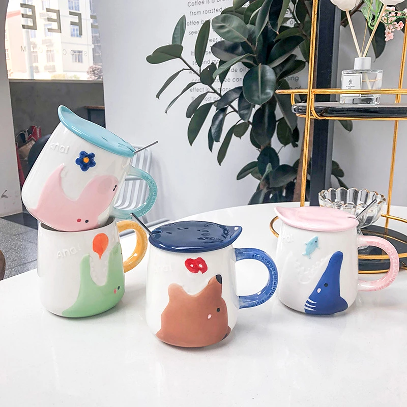 

Cute Coffee Mug Animal Creative Ceramic 3D Cartoon Hand Painted Couple Milk Cup Tazas De Cafe Gift Ideas with Lid EC50BZ