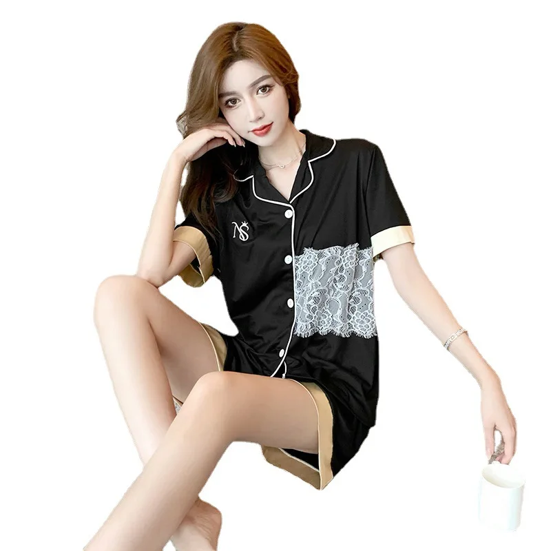 

2021 new style pajamas women's summer casual solid color cardigan thin short-sleeved shorts lace suit home service