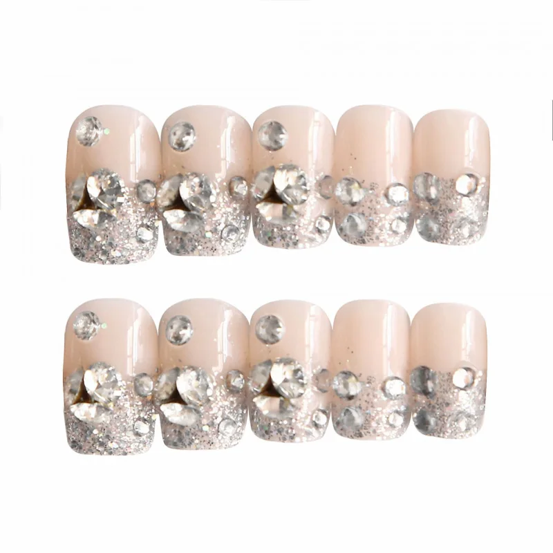 

GAM-BELLE Nude Luxury Glitter False Nails Long Square Artificial Press On Nail Tips Full Fake Nails With Rhinestones Designs