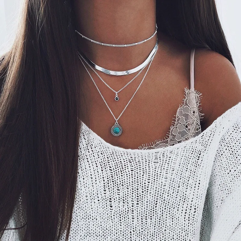

Silver Color Multilayer chain Necklace Women Jewelry Simple Boho Snake Chain Choker Necklace Round Stone Pendant Jewelry