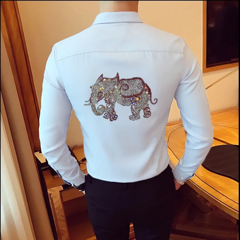 Long Sleeve T-Shirt Suitable for Men's Office Business White Hot Diamond Button Blouse Lapel Design Spring Male High Quality Top