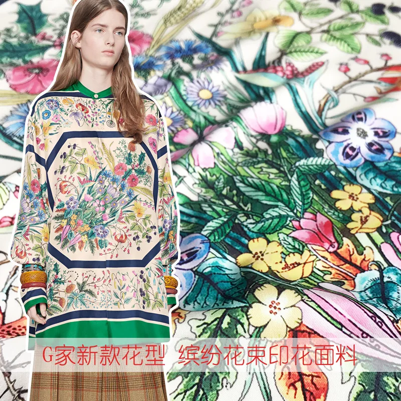 Tela de sat&eacute;n el&aacute;stica con estampado de ramo, 148cm de ancho, estampado digital, hecho a mano Vestido de sat&eacute;n, tela artesanal, venta al por mayor-0