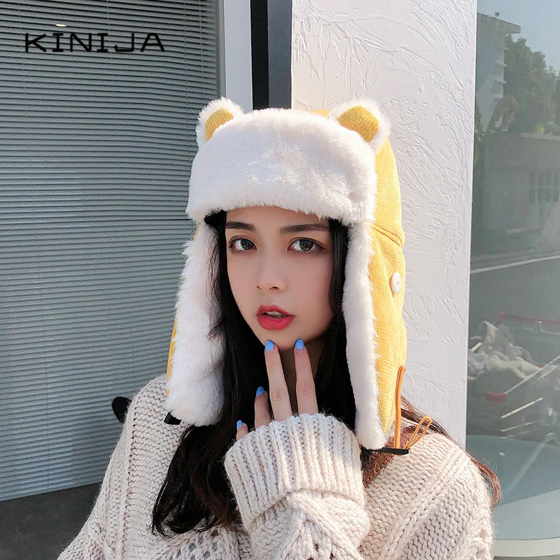 Зимняя женская теплая Толстая кашемировая шапка-бомбер с милым медведем