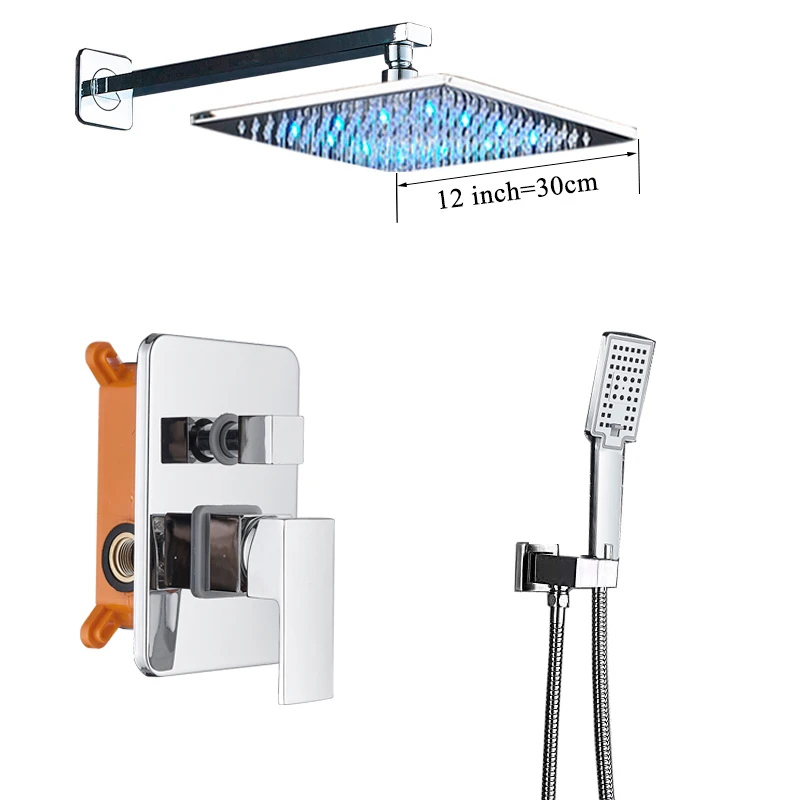 12inch Shower Set A Смеситель для ванной комнаты, хромированный светодиодный смеситель для душа, настенный смеситель для ванной, смеситель для ванной, душевой кран, душевой набор - Цвет: 12inch Shower Set A