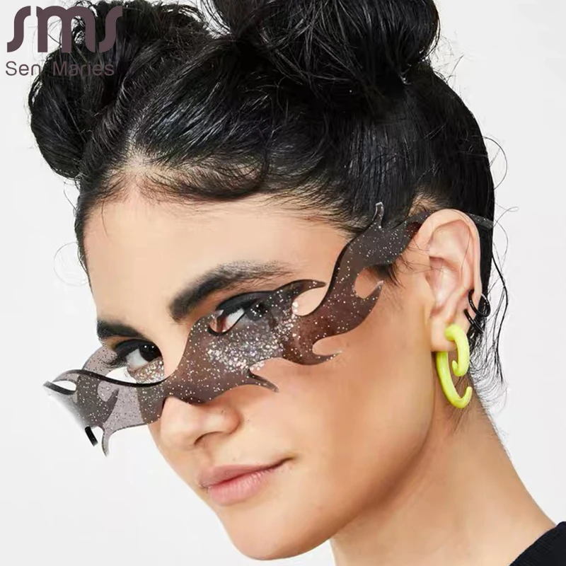 Luxury Fashion Fire Flame Sunglasses Women Rimless Wave Sun Glasses Men One Piece Shades Vintage Women Shiny Eyewear UV400