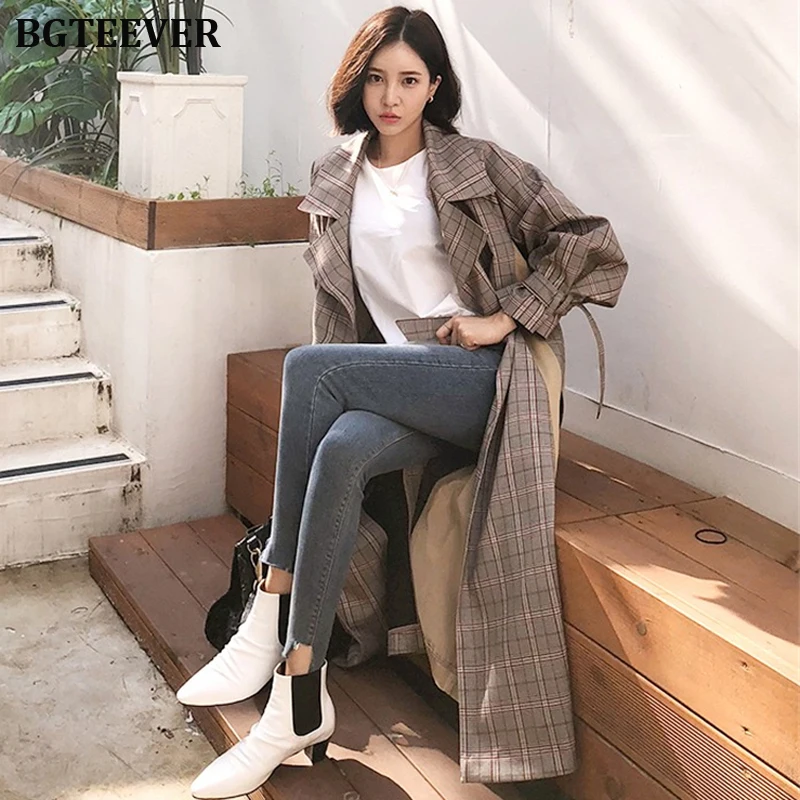 Винтажный клетчатый лоскутный женский плащ с поясом классический воротник