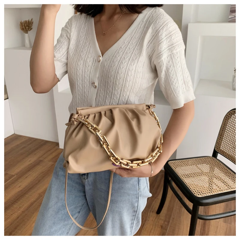 

Chain Shoulder Cross-body Bags Female Portable Cloud Bag Simple Solid Color Small Bag Handbags PU Soft Leather Pleated Totes Bag