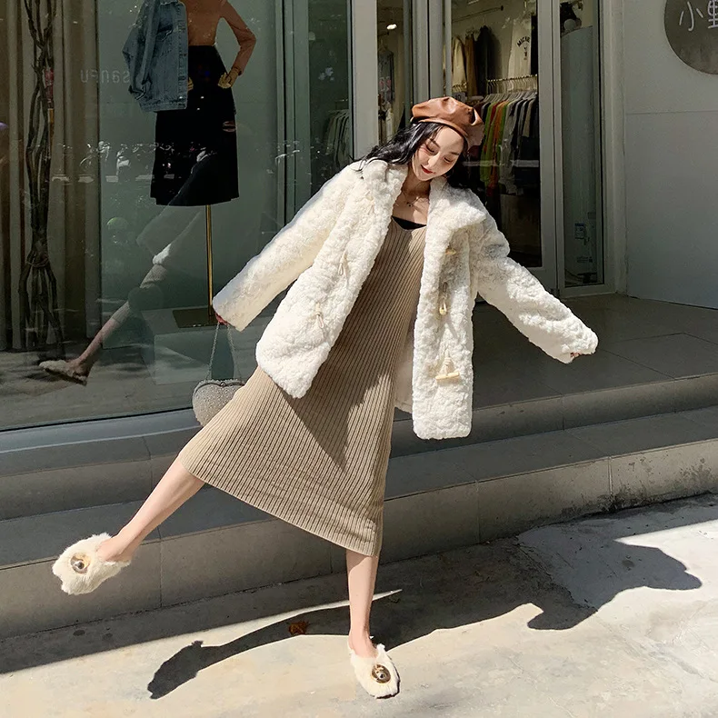 Пальто женское зимнее из овечьей шерсти свободное толстое теплое средней длины