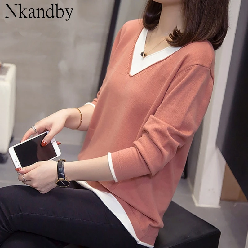 

Женские вязаные топы в стиле пэчворк, модные корейские пуловеры с V-образным вырезом, свитеры оверсайз, вязаные Джемперы 4xl на осень и зиму