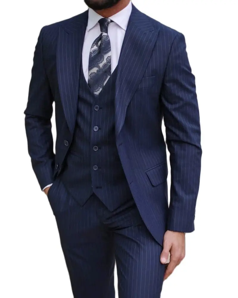 

3 Pieces Men Suit Costume Homme Navy Blue Striped Peak Lapel Single Breasted Formal Business Wedding Groom Causal Prom Wear