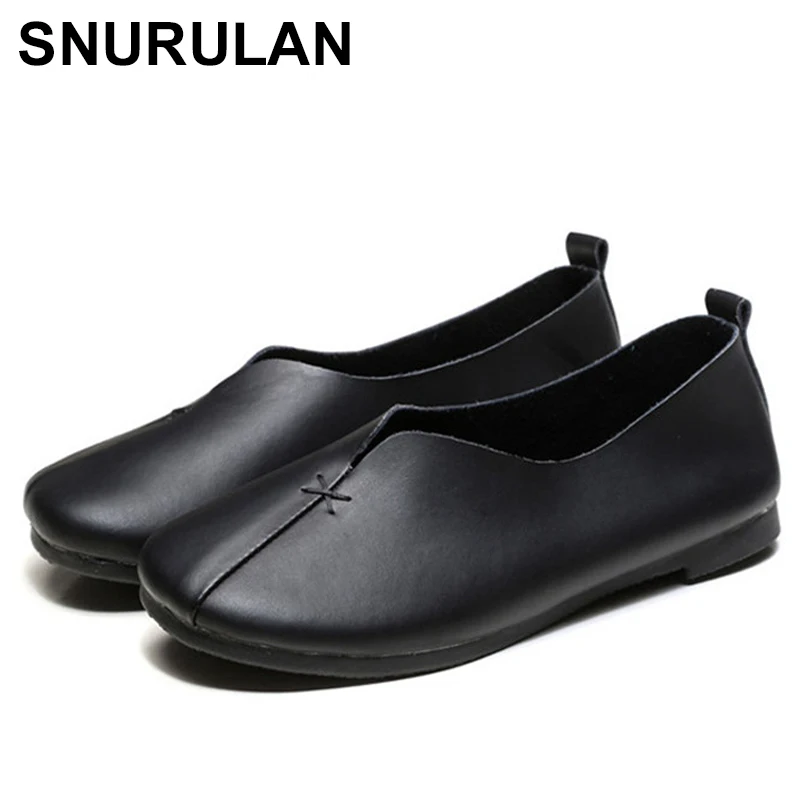 

SNURULAN 2020 New Spring Autumn Retro Handmade Shallow Soft Sole Casual Round Toe Loafers Women Genuine Leather Flats