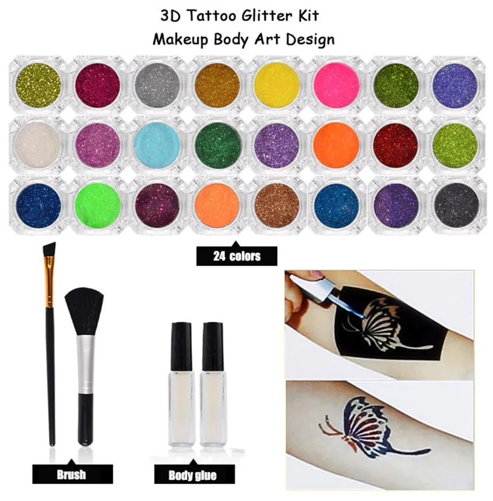 

24 colors temporary tattoo pigment glitter eye makeup glossy brush for makeup henna tattoo mold set + plastic brush set
