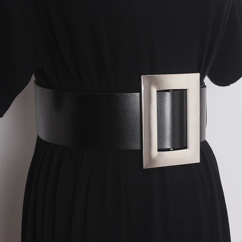 

2021 Rectangle Buckle Waist Belt Luxury Wide Cowhide Waistband Black Genuine Leather Cinture Slim Corset Plain Leather Wide Belt