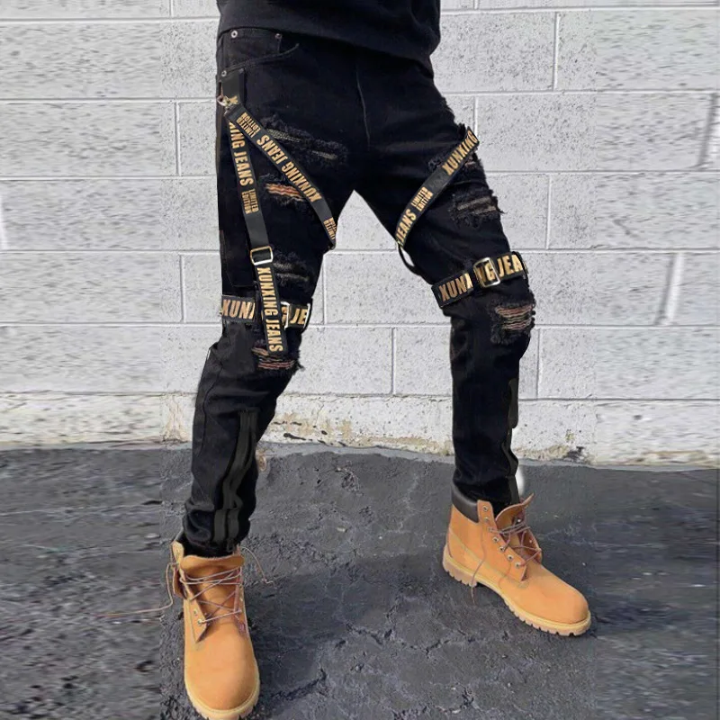 Autumn Men's Personality Webbing Ripped Jeans With Small Feet Zipper Decoration Slim Fit Fashion Youth Men Street Denim Trousers
