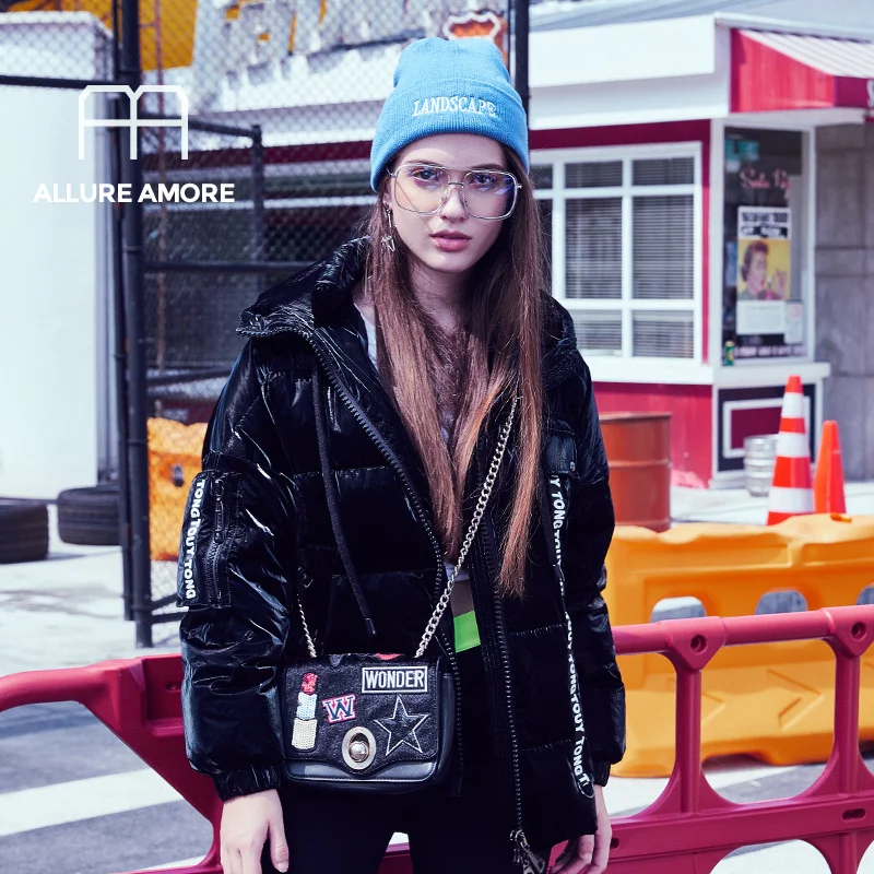 Allure Amore зимнее Новое поступление женское с капюшоном контрастного цвета толстое теплое модное женское короткое пуховое пальто - Цвет: Obsidian black