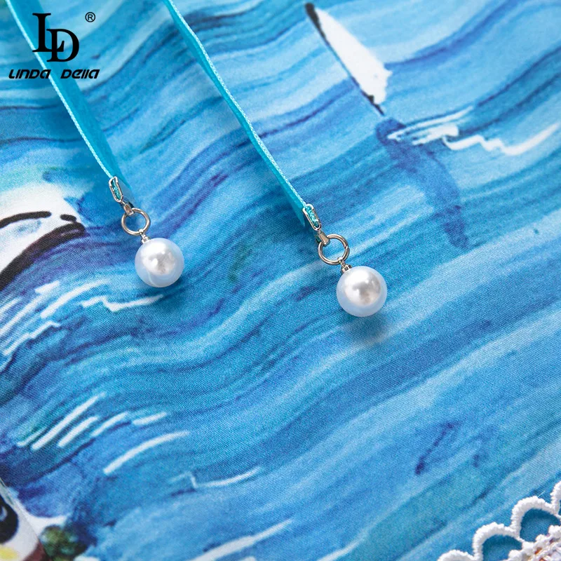 

LD LINDA DELLA Designer Runway Vintage Dress Women Lace Long Sleeve Print Bow Tie Summer Fashion Holiday Midi Dress Vestidos