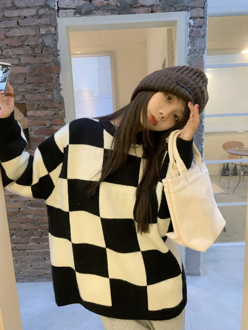 Пуловер в шахматную клетку свитер с круглым вырезом Женская осенне-зимняя