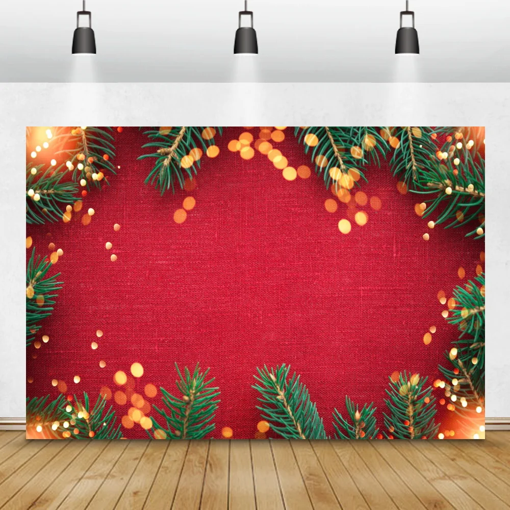

Merry Christmas Red Wall Background Pine Leaves Golden Polka Dots Light Bokeh Baby Children Family Photography Backdrop Banner