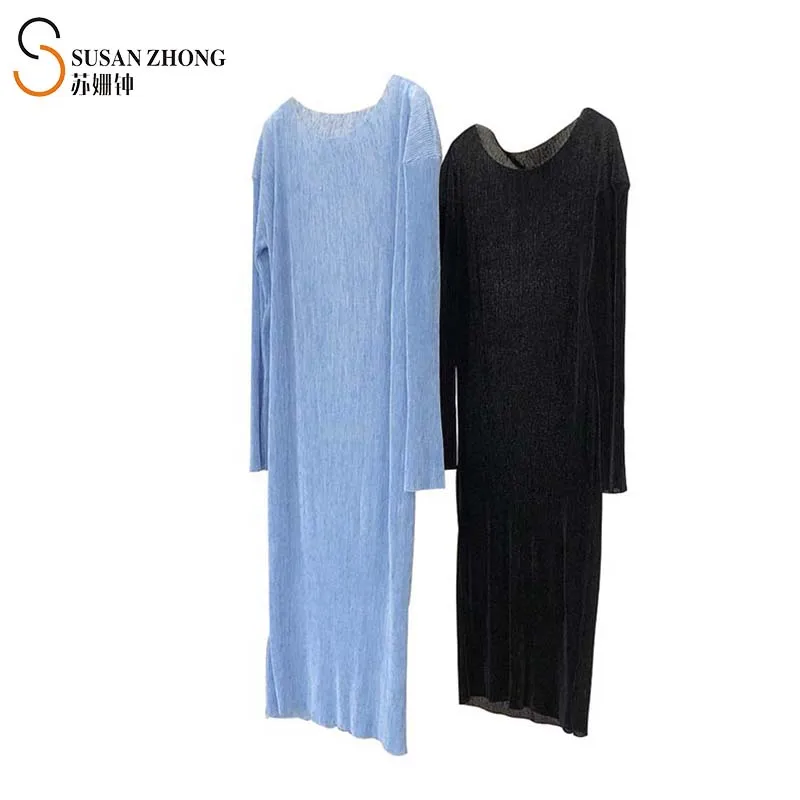 

Women Dress Female One-Piece Cozy Athleisure Fall Spring Loose Straight Pleats Round Neck Drop Shoulder Ankle Long Elegant Blue