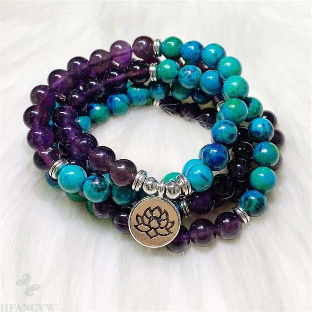 8mm Amethyst Lapis Lazuli Pendant 108 Bead Mala Bangle Bless Wristband Healing Wrist Meditation Pray Lucky Buddhism Fancy