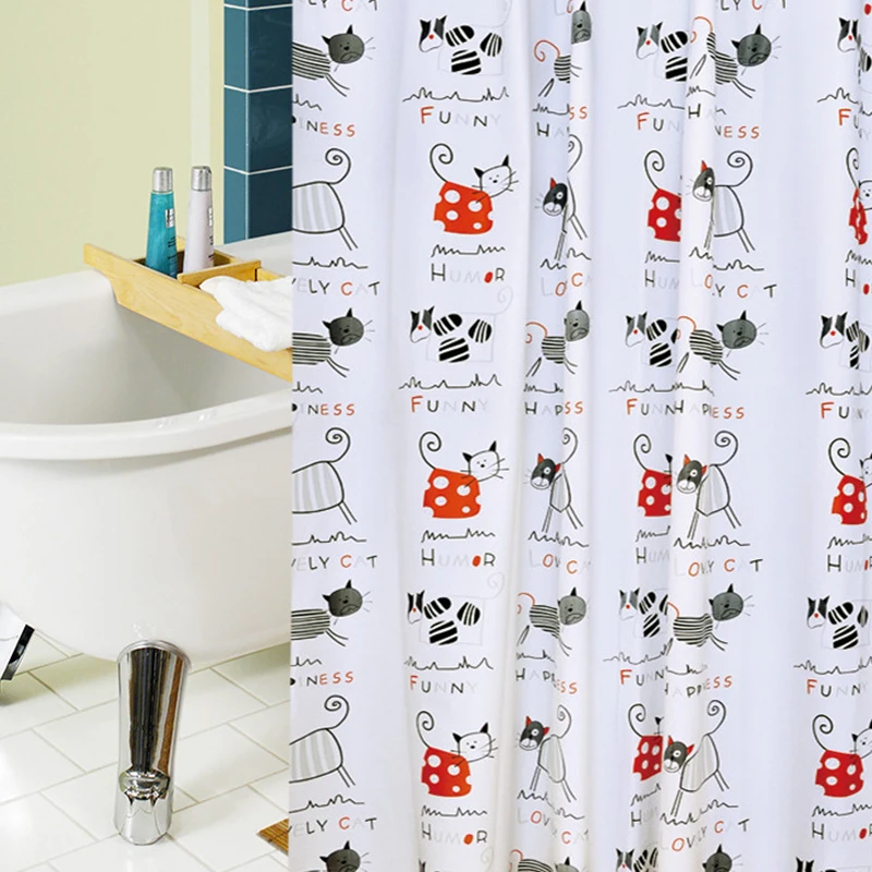 

120*180CM Cartoon Cat Printing Bath Shower Curtain Waterproof Cat Bathroom Curtain with Plastic Hooks