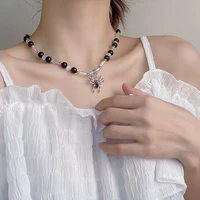 origin summer hiphop street style black spider pendant necklace for women girls asymmetric round bead metallic necklace jewelry