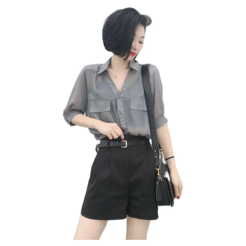 

2021 summer new high-grade gray shirt trend slightly transparent sexy western style niche design blouse women