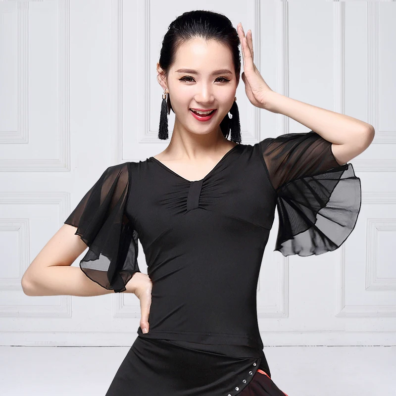 

Ballroom Dance Shirts Splicing Mesh Short Sleeve Summer Modern Dancing Clothing Spanish Flamenco Stage Performance Wear DNV11930