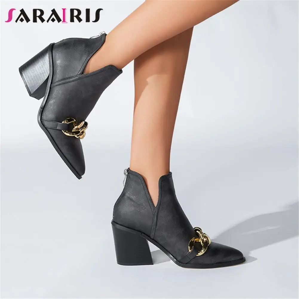 

SaraIris Big Size 43 Female Chelsea Boots Zip Solid High Heel Shallow women's Shoes Metal Decoration Rome Women Riding Boots