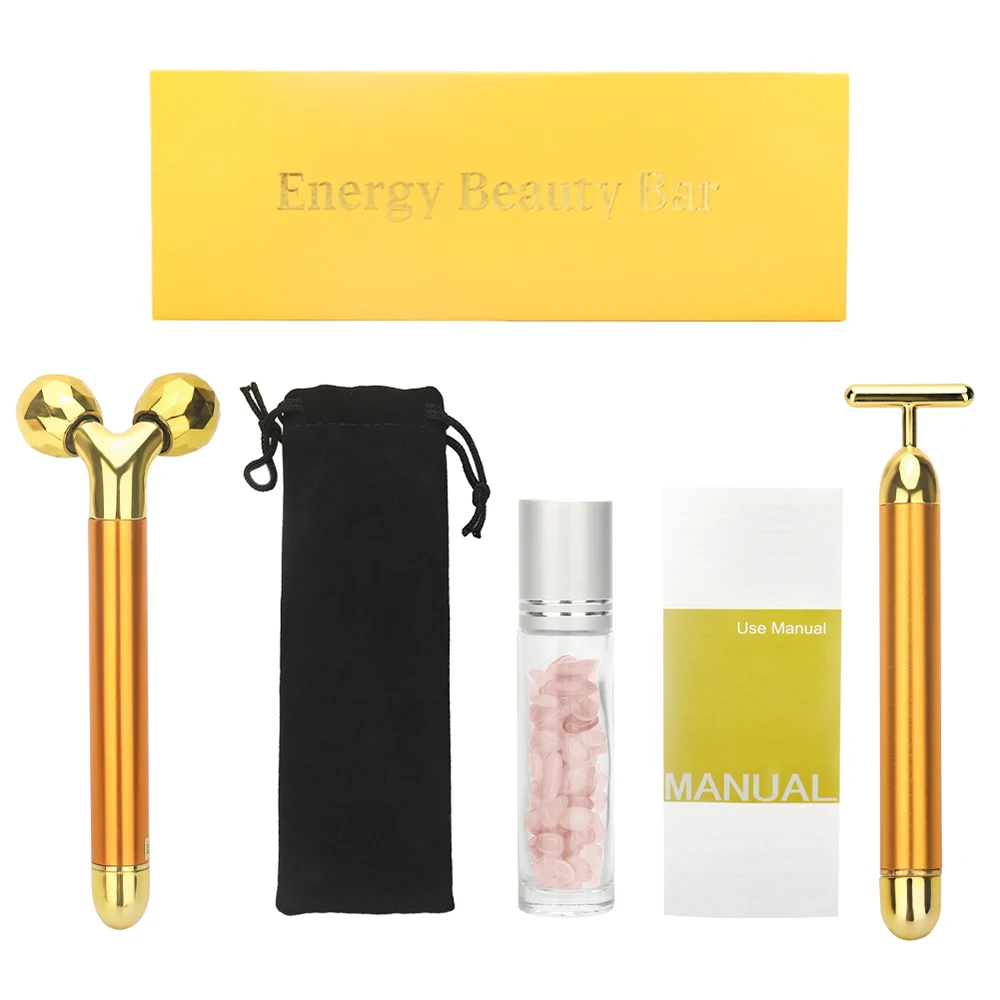 

24k Gold Energy Beauty Bar Set Facial Vibration Massage Jade Roller Stick Skincare Face Roller Face Lift Stick Face Massager
