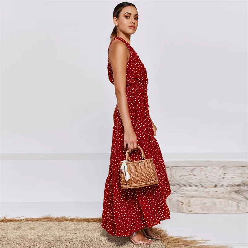 

Dot Printing Long Dress 2020 Fashion Women Sleeveless Halter Neck Casual Dresses Lady Summer Beach Party Dress Sundress Vestidos