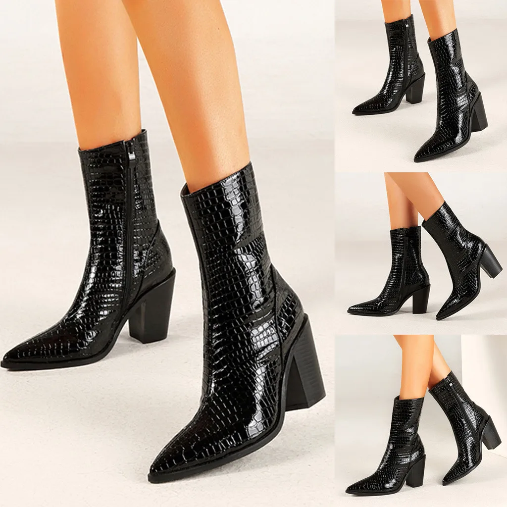 Зимние ботинки со змеиным принтом Женская Обувь на высоком каблуке женские до