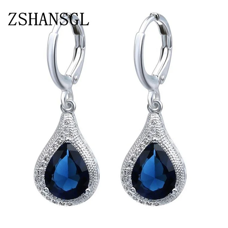 Модные серьги-подвески серебряного цвета с прозрачным кристаллом и голубым