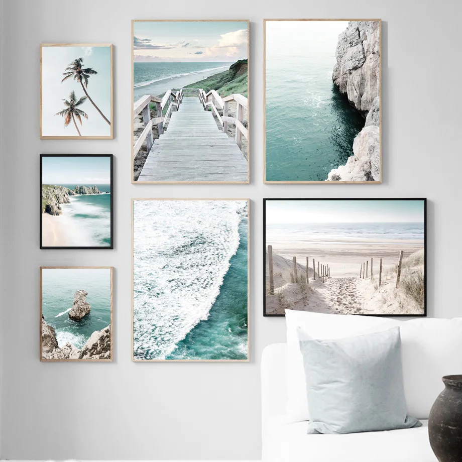 

Sea Bird Palm Tree Beach Bridge Dolphins Wall Art Canvas Painting Nordic Posters and Prints Wall Pictures for Living Room Decor