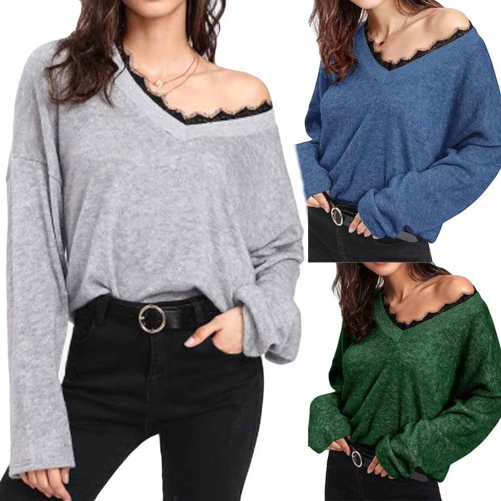 Retro Lace Tunic Knitwear Sweater Women Pullover Long Sleeve V-Neck Casual Loose Jumper Autumn Women's Knitted Tops F821 | Женская