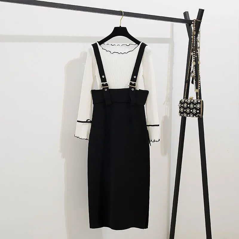 Осень 2019 Женский вязаный Топ с расклешенными рукавами и бантом + черная юбка