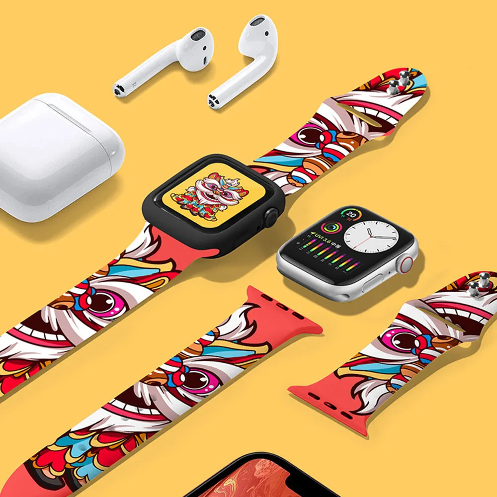 

Chinese Style Silicone Strap For Apple Watch Band 44mm 40mm iwatch Band 45mm 41mm Belt Cartoon Bracelet For Apple Watch 7 6 Se 5
