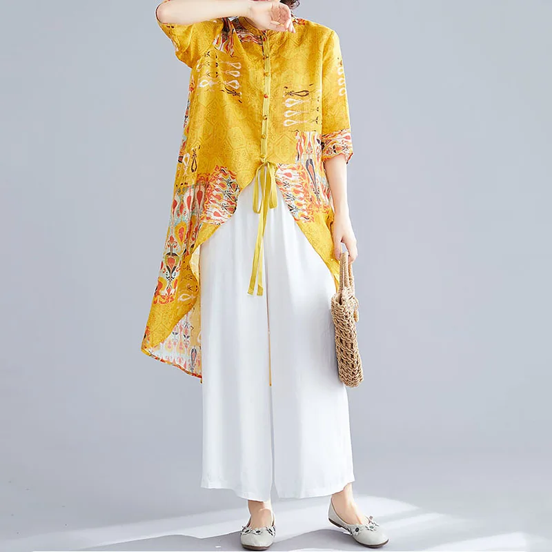 

2022 Womens Summer Set Fashion Asymmetrical Print Shirts Top + Cropped Pants Suit Female Loose Casual Costumes 2 Piece Sets