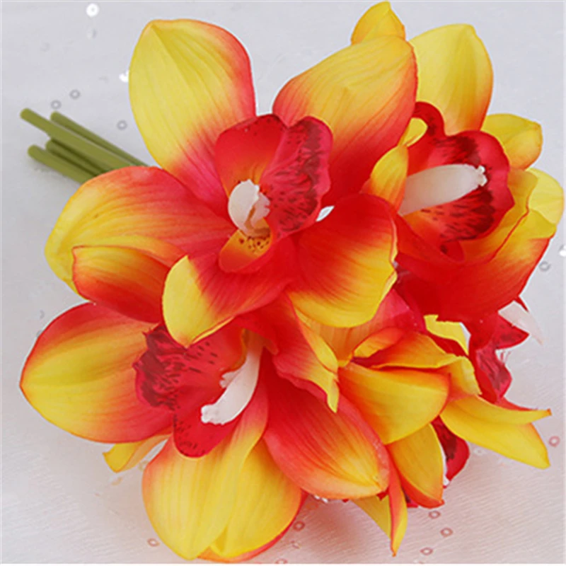 1 Набор, настоящее прикосновение, cymbidium, 6 головок, для украшения стола, цветок, сделай сам, для свадьбы, невесты, ручная работа, цветы, домашний декор, искусственная Орхидея