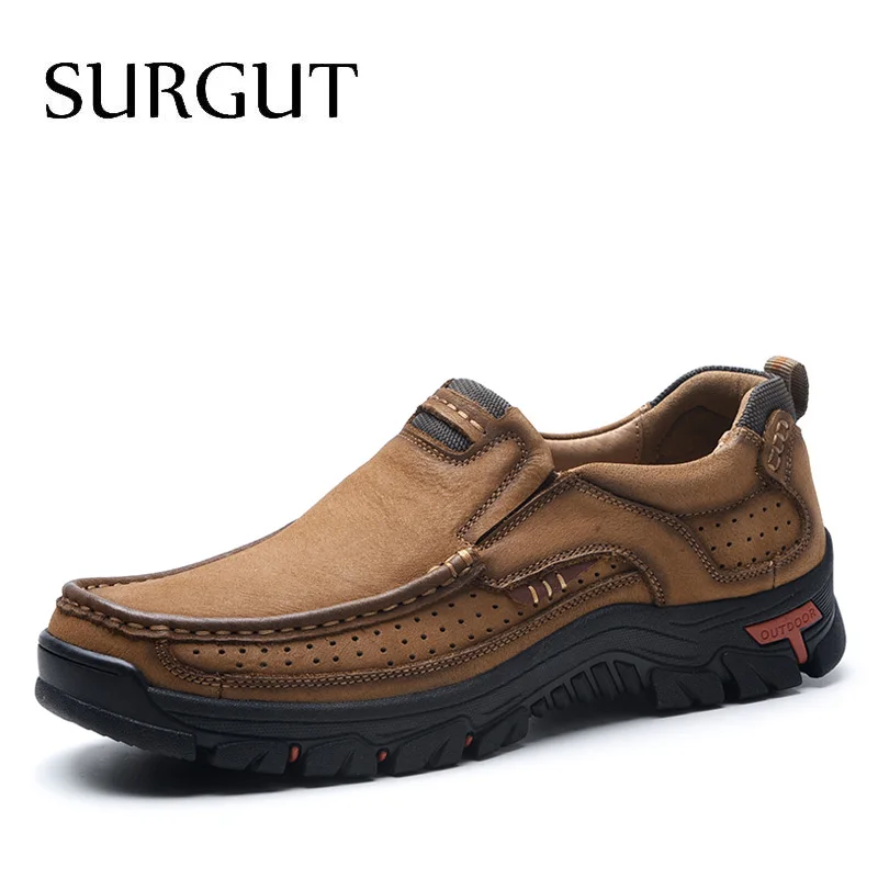 No Hole Brown SURGUT, мужские туфли из натуральной кожи, высокое качество, без шнуровки, фирменные, модные, дизайнерские, одноцветные, удобные, мужские, повседневные туфли, большие размеры 38-48 - Цвет: No Hole Brown