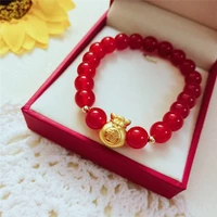 pure 24k yellow gold jewelry real 24k yellow gold for women 3d hard gold bless bag with 3mm gold bead red agate bead bracelet