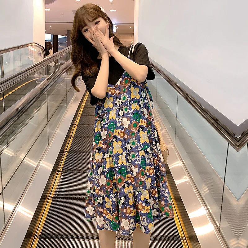 

Sundress Maternity Dress summer Chiffon Short Sleeve O-neck High-end long floral Korean Large Size Maternity Clothings