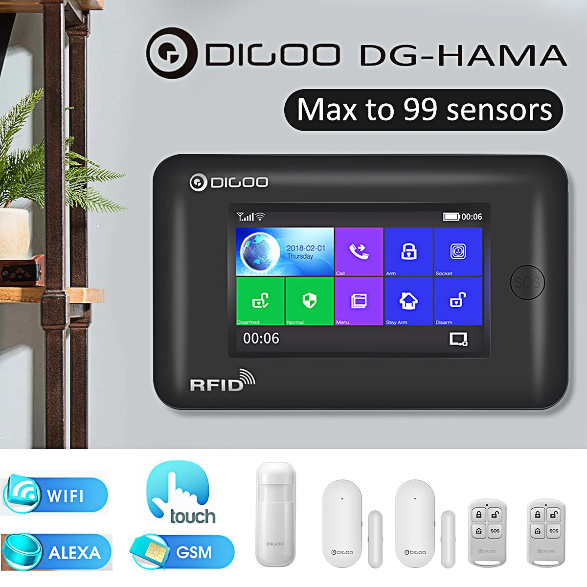 Digoo DG HAMA All Touch Screen Alexa Версия 433 МГц GSM и WIFI DIY Умный Дом Монитор Безопасности