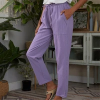 lady cotton linen straight leg pants big pocket casual loose trousers lace up middle waist yoga fitness solid color trousers