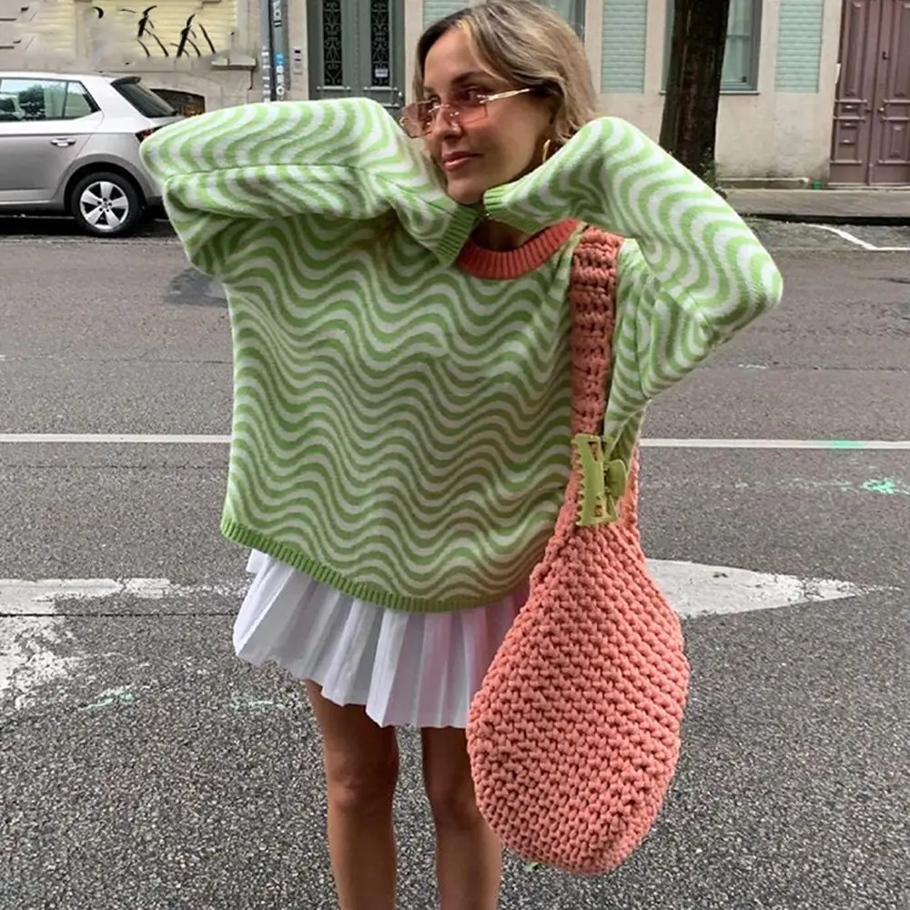 

Женский вязаный свитер в стиле High Street, свободный облегающий пуловер оверсайз с длинным рукавом и круглым вырезом для взрослых