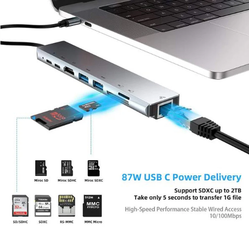 

8 In 1 Multiport Type C To USB-C 4K HDMI-comaptible Adapter USB 3.0 Cable Hub