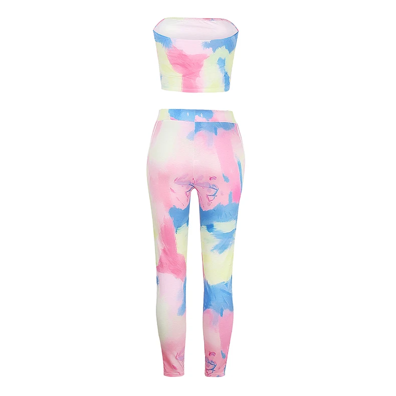 

Fashion Tie Dye Crop Boob Tube Top High Waist Biker Pants Female Plus Two Piece Set 2020 Summer Sexy Women Clothing Club Outfit